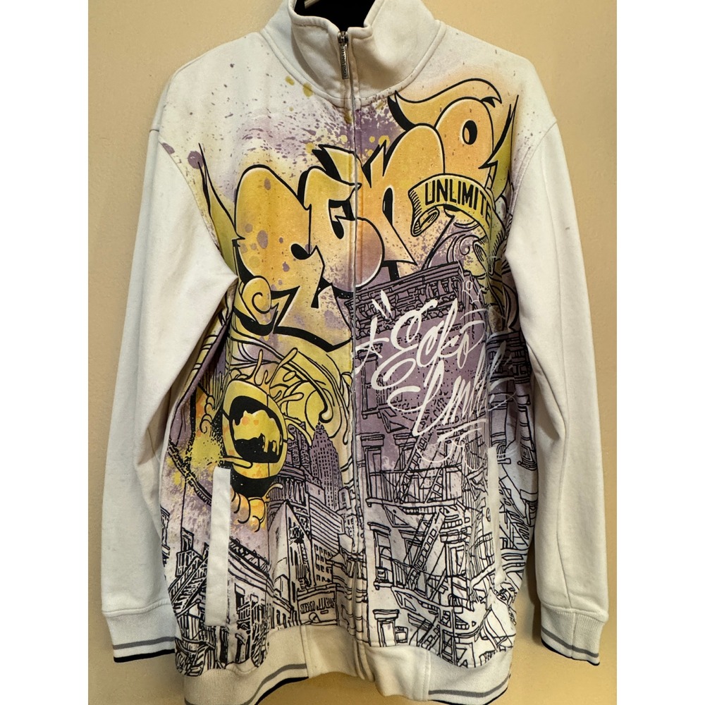 Ecko Unltd Mens Graffiti Cityscape Zip Up Track Jacket White Size M Y2K Urban